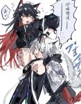  2girls :d afterimage ambience_synesthesia animal_ear_fluff animal_ears arknights black_gloves black_hair black_jacket black_pants crop_top fangs gloves grey_hair grey_jacket hand_on_another&#039;s_head heart highres hip_vent hug hug_from_behind jacket lappland_(arknights) long_hair long_sleeves motion_lines multicolored_hair multiple_girls na_tarapisu153 navel official_alternate_costume open_clothes open_jacket open_mouth pants partially_fingerless_gloves red_hair short_hair simple_background smile speech_bubble stomach tail tail_wagging teeth texas_(arknights) translation_request two-tone_hair upper_teeth very_long_hair white_background wolf_ears wolf_girl wolf_tail yellow_eyes yuri 