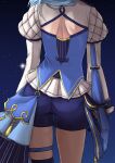  1girl absurdres ass back back_focus blue_hair from_behind head_out_of_frame highres hololive hoshimachi_suisei juliet_sleeves kuon_bb long_sleeves official_alternate_costume puffy_sleeves shorts sky solo star_(sky) starry_sky tassel thigh_strap virtual_youtuber 
