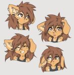  anthro apogee_(tinygaypirate) arm_tuft black_nose blush bodily_fluids brown_body brown_eyes brown_fur brown_hair bust_portrait canid canine canis cheek_tuft chibi clothing cowlick crying domestic_dog ear_piercing eyebrow_through_hair eyebrows eyelashes eyes_closed facial_markings facial_piercing facial_tuft female floppy_ears fur furgonomics furry-specific_piercing gauged_ear grey_background hair head_markings hi_res inner_ear_fluff looking_aside looking_at_viewer mammal markings messy_hair mottled mottled_nose muzzle_piercing nose_piercing open_mouth piercing pink_nose portrait shirt simple_background smile solo spitz tank_top tears tinygaypirate toothy_smile topwear translucent translucent_hair tuft 