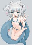  1girl absurdres animal_ear_fluff animal_ears armpit_crease bare_shoulders blue_eyes blue_hair blush blush_stickers bright_pupils cat_ears closed_mouth fenrir_(fenriluuu) fish_bone fish_tail gawr_gura grey_background grey_hair hair_ornament heart highres holding holding_innertube hololive hololive_english innertube light_blue_hair long_hair looking_at_viewer medium_hair multicolored_hair navel outline shark_girl shark_hair_ornament shark_print shark_tail short_twintails simple_background solo stitches streaked_hair swimsuit tail tongue tongue_out transparent twintails v virtual_youtuber white_outline white_pupils 