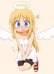  1other angel bike_shorts blonde_hair blue_eyes blush broken_halo crimvael dress floating halo have_to_pee highres ishuzoku_reviewers long_hair nose_blush open_mouth other_focus sandals sweat white_dress white_wings wings yunomimochi 