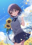  1girl :d bangs black_bow black_bowtie blue_sky blush bow bowtie brown_hair cloud commentary_request day flower grey_skirt grey_sweater_vest highres holding holding_flower looking_at_viewer mochigome_(ununquadium) open_mouth original outdoors red_eyes shirt short_hair skirt sky smile solo sunflower sweater_vest white_shirt 