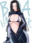  1girl :3 absurdres arm_at_side arm_behind_back bikini black_bodysuit black_hair blue_eyes boa_hancock bodysuit breasts breasts_out character_name cleavage closed_mouth cowboy_shot earrings english_commentary forehead highres huge_breasts jewelry long_hair looking_at_viewer one_piece opalisart simple_background single_earring snake_earrings solo split_mouth string_bikini swimsuit thick_thighs thighs white_background wide_hips zipper_pull_tab 
