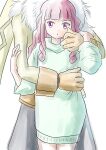  bandai_namco clothing digimon digimon_(species) digimon_ghost_game duo embrace engawa1001 female fluffy_chest gloves hair handwear hi_res hug human long_hair male mammal purple_eyes ruri_tsukiyono symbareangoramon 