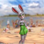  1:1 anthro beach beach_towel blonde_hair blurred_background blush clothed clothing cloud covering covering_breasts covering_crotch covering_self detailed_background digital_media_(artwork) exhibitionism fur green_eyes grey_body grey_fur hair kotyami lagomorph leporid looking_at_viewer male mammal multicolored_body multicolored_fur outside public rabbit sand seaside sky smile solo teeth text towel towel_only two_tone_body two_tone_fur water white_body white_fur white_hair 