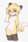  anthro black_body black_fur blush breasts crayon1006 crotch_tuft female fur green_eyes half-closed_eyes hand_behind_back hi_res long_socks looking_at_viewer markings narrowed_eyes red_markings simple_background solo tuft white_background white_body white_fur yellow_body yellow_fur 