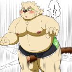  anthro aosano_tenpura attack belly blush bulge clothing cock_and_ball_torture crotch_attack eyewear fur genital_torture glasses hi_res leib_(tas) lifewonders male mammal navel nipples pain pecs polar_bear stick tokyo_afterschool_summoners underwear ursid ursine video_games white_body white_fur 