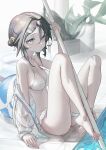  1girl :t absurdres arknights ball bare_legs bare_shoulders barefoot beachball bikini black_hair blue_eyes blush breasts cleavage closed_mouth frilled_bikini frills full_body hair_bun hair_ornament hairclip highres homajor jacket la_pluma_(arknights) la_pluma_(summer_flowers)_(arknights) legs_up long_sleeves looking_at_viewer medium_breasts official_alternate_costume on_floor open_clothes open_jacket plant pool potted_plant pout see-through short_hair single_hair_bun single_side_bun solo swimsuit thigh_strap tile_floor tiles water white_bikini wing_hair_ornament 
