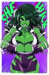  1girl biceps black_bra bra breasts bursting_breasts business_suit character_name cleavage colored_skin exploding_clothes flexing formal green_eyes green_hair green_skin highres large_breasts marvel mike_luckas open_clothes open_shirt pencil_skirt pose she-hulk skirt skirt_suit smile solo suit torn_clothes torn_skirt torn_sleeves underwear 