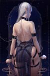 1girl artist_name ass back bare_shoulders chain clenched_hands closed_eyes collar from_behind grey_hair hair_ornament highres long_hair multicolored_hair original pointy_ears prywinko restrained ridia_(prywinko) see-through sidelocks solo standing streaked_hair 