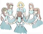  6+girls apron blonde_hair blue_eyes bow brown_hair circle_formation friends green_eyes happy holding_hands long_hair maid maid_apron maid_headdress multiple_girls original short_hair simple_background smile tostandout twintails 