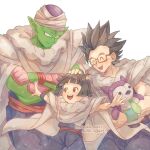  1girl 2boys :d black_hair cape child colored_skin dougi dragon_ball dragon_ball_super dragon_ball_super_super_hero father_and_daughter female_child glasses green_skin headpat highres holding holding_stuffed_toy konoha_kairi multiple_boys open_mouth pan_(dragon_ball) piccolo red_sash sash short_hair smile son_gohan spiked_hair stuffed_toy turban white_cape 
