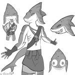  1:1 anthro brawlhalla clothing digital_drawing_(artwork) digital_media_(artwork) facial_scar female fingerless_gloves fish flat_chested giannipapetti gloves greyscale handwear head_markings hi_res lamnid lamniform mako_(brawlhalla) mako_shark marine markings monochrome scar shark signature simple_background smile solo teeth video_games white_background 