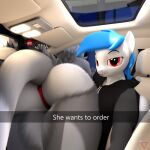  1:1 2022 3d_(artwork) animal_humanoid anthro big_butt black_clothing black_hoodie black_topwear blender_(software) blue_hair bottomwear butt car cervid clothed clothing digital_media_(artwork) duo english_text equid equid_humanoid equine equine_humanoid eyebrows fan_character female friendship_is_magic fur grey_body grey_fur hair hasbro he_wants_to_order hi_res hoodie horse humanoid latios_pegasus_(character) latiospegasus long_sleeves_hood looking_at_viewer machine male mamagen mammal mammal_humanoid meme my_little_pony night panties pony protogen red_clothing red_eyes smile source_filmmaker text thick_thighs through_window topwear underwear vehicle watermark white_body white_fur wings 