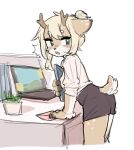  ambiguous_gender anthro blonde_hair blush cervid clothed clothing computer crayon1006 hair hi_res horn laptop looking_back love_letter mammal plant plant_pot potted_plant simple_background solo white_background 