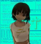  1girl arms_behind_back backlighting bangs blunt_bangs breasts brown_eyes brown_hair closed_mouth crop_top crt english_text hair_ornament looking_at_viewer midriff monitor original photo_(medium) short_hair small_breasts smile solo templeos upper_body x_hair_ornament zoolpal 