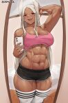  1girl :d abs absurdres animal_ears arm_behind_head armpits bangs black_shorts blush boku_no_hero_academia breasts cleavage collarbone cowboy_shot cromwellb dark-skinned_female dark_skin highres holding holding_phone large_breasts long_eyelashes looking_at_viewer mirko mirror muscular muscular_female navel open_mouth parted_bangs phone pink_crop_top rabbit_ears rabbit_girl red_eyes reflection selfie short_shorts shorts smile solo teeth thighhighs thighs toned twitter_username upper_teeth white_hair white_thighhighs 