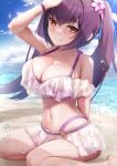  1girl arm_behind_back beach bikini bikini_skirt breasts cleavage closed_mouth collarbone fate/grand_order fate_(series) flower frilled_bikini frills hair_between_eyes hair_flower hair_ornament hand_on_own_head large_breasts long_hair looking_at_viewer mochitsuki_karen navel purple_hair red_eyes scathach_(fate) scathach_skadi_(fate) sitting sky smile solo swimsuit twintails yokozuwari 