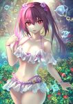  1girl bangs bare_shoulders bikini bracelet breasts cleavage collarbone fate/grand_order fate_(series) fish flower hair_between_eyes hair_flower hair_ornament highres jewelry kaze_minoru_so-ru large_breasts long_hair looking_at_viewer microskirt navel open_mouth purple_bikini purple_hair red_eyes scathach_(fate) scathach_skadi_(fate) scathach_skadi_(swimsuit_ruler)_(fate) scathach_skadi_(swimsuit_ruler)_(first_ascension)_(fate) see-through skirt smile solo swimsuit thighs twintails 