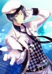  1boy belt blue_eyes blue_hair checkered_clothes closed_mouth earrings gloves hat idolish_7 izumi_iori jacket jewelry light_smile long_sleeves male_focus necktie outstretched_hand pants rei_no.2 single_earring solo white_gloves white_headwear white_jacket white_pants 