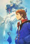  1boy amuro_ray blue_jacket brown_eyes brown_hair char&#039;s_counterattack green_eyes gundam hair_behind_ear hands_in_pockets highres jacket looking_up mecha nu_gundam_(rx-93ff) open_hand profile robot science takeda_yuuko v-fin 