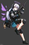  1girl absurdres arknights armband bag bag_charm bangs black_footwear black_gloves black_jacket blue_skirt charm_(object) commentary_request commission detached_wings full_body gloves grey_background grey_hair gun h&amp;k_mark_23 hair_between_eyes halo handgun highres holding holding_gun holding_weapon jacket knee_pads long_hair looking_at_viewer ndtwofives original pleated_skirt purple_eyes purple_wings ribbed_socks shoes shoulder_bag simple_background skirt socks solo stuffed_animal stuffed_bunny stuffed_toy twitter_username very_long_hair weapon white_socks wings 