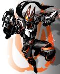  1boy absurdres armor belt electricity foreshortening fox_shadow_puppet gun highres holding holding_gun holding_weapon kamen_rider kamen_rider_geats kamen_rider_geats_(series) kintsuba_(kintsuba_08) male_focus orange_eyes outstretched_arm scarf shadow solo tokusatsu weapon white_background 