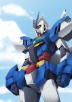 clenched_hands cloud earthree_gundam english_commentary green_eyes gundam gundam_build_divers gundam_build_divers_re:rise highres looking_at_viewer mecha mobile_suit no_humans robot science sky solo v-fin yuuyatails 