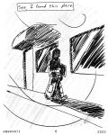  a_story_with_a_known_end black_and_white cameron_cress clothing comic emsevell english_text handwear hi_res hood human human_only male mammal mittens monochrome not_furry page_number patched_clothing sketch text walking webcomic window 