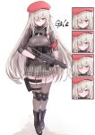  1girl absurdres armband beret black_gloves black_shirt blush boots character_name dog_tags expressions fingerless_gloves full_body g36c_(girls&#039;_frontline) girls&#039;_frontline gloves grey_hair gun h&amp;k_g36c hair_over_one_eye hat highres holding holding_gun holding_weapon holster knee_pads looking_at_viewer plaid plaid_skirt pleated_skirt red_eyes red_headwear see-through see-through_legwear shirt simple_background skirt solo standing submachine_gun thigh_holster thighhighs weapon white_background yoshi-j 