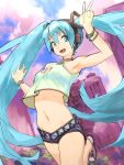  1girl :d aqua_eyes aqua_hair bare_shoulders bracelet breasts building crop_top hatsune_miku highres jewelry letro long_hair midriff navel open_mouth short_shorts shorts smile solo twintails v very_long_hair vocaloid 