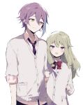  1boy 1girl cardigan closed_mouth diagonal-striped_bowtie diagonal-striped_necktie green_hair hair_between_eyes hair_flaps highres holding_another&#039;s_arm kamishiro_rui kamiyama_high_school_uniform_(sekai) kusanagi_nene long_hair long_sleeves looking_at_another open_mouth pink_shirt project_sekai purple_eyes purple_hair school_uniform shirt sidelocks simple_background skunlv sleeves_rolled_up smile upper_body white_background white_cardigan white_shirt 