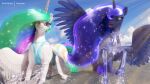 2022 3d_(artwork) absurd_res clopician cutie_mark digital_media_(artwork) duo equid equine eyelashes feathered_wings feathers female feral friendship_is_magic hasbro hi_res horn mammal my_little_pony open_mouth outside princess_celestia_(mlp) princess_luna_(mlp) sibling sister sisters water winged_unicorn wings 