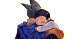  2boys black_hair blue_cape cape carrying_over_shoulder closed_eyes die_(f_mega) dr._hedo dragon_ball dragon_ball_super dragon_ball_super_super_hero gamma_2 jacket labcoat male_focus multiple_boys simple_background sleeping white_background yellow_jacket 