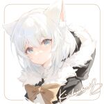  1girl absurdres animal_ear_fluff animal_ears bandaid bandaid_on_face black_coat blue_eyes bow brown_bow cat_ears closed_mouth coat collared_shirt cropped_torso hakuto_kinkinko highres hooded_coat long_hair looking_at_viewer original shirt signature upper_body white_hair 