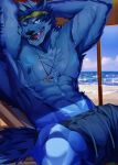  abs absurd_res anthro beach blue_body blue_eyes blue_fur bottomwear bulge canid canine canis clothing eyewear flirting fur hands_behind_head hi_res jewelry lifewonders long_tongue male mammal muscular muscular_anthro muscular_male necklace nipples one_eye_closed pecs seaside shorts solo sunglasses tindalos_(tas) tokyo_afterschool_summoners tongue umbrella video_games vlw4zegrsgtsi6e wet wink wolf 