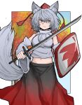  1girl animal_ear_fluff animal_ears bangs black_skirt closed_mouth commentary detached_sleeves fang fe_(tetsu) gradient_skirt grey_hair hat highres holding holding_shield holding_sword holding_weapon inubashiri_momiji leaf_print looking_at_viewer maple_leaf_print outdoors outside_border red_eyes red_headwear red_skirt shield short_hair skirt solo sword symbol-only_commentary tail tokin_hat touhou weapon wide_sleeves wolf_ears wolf_tail 