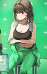  1girl arm_under_breasts bodysuit breasts brown_eyes brown_hair chair cleavage collarbone colored_inner_hair crop_top green_bodysuit green_hair green_screen hair_intakes hair_ornament hairclip highres large_breasts looking_at_viewer medium_hair midriff miru_(ormille) mole mole_on_breast multicolored_hair navel original ormille shirt sitting sleeveless sleeveless_shirt solo sweat two-tone_hair undressing viewfinder 