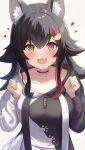  1girl :3 animal_ear_fluff animal_ears black_hair blush breasts choker collarbone copyright_name diamond-shaped_pupils diamond_(shape) drawstring english_text from_above hair_between_eyes hands_up heart highres hololive hood hoodie large_breasts long_hair long_sleeves looking_at_viewer multicolored_hair ookami_mio open_mouth orange_eyes paw_print red_hair simple_background smile solo streaked_hair suicabar72 symbol-shaped_pupils tareme two-tone_hoodie upper_body virtual_youtuber white_background wolf_ears wolf_girl 