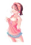  1boy bangs blue_shorts bodysuit bow_hairband brown_hair fingernails frilled_shorts frills hairband highres hot male_focus nipple_slip nipples original otoko_no_ko parted_bangs pink_tank_top setoryoko short_hair short_shorts shorts simple_background sweat tank_top white_background 