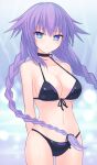  1girl arms_behind_back bangs bikini blue_eyes braid breasts choker hair_between_eyes large_breasts long_hair looking_at_viewer navel neptune_(series) purple_hair purple_heart suta_(clusta) swimsuit symbol-shaped_pupils twin_braids 