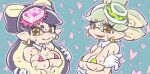  2girls bikini blue_background breasts callie_(splatoon) cleavage closed_mouth cousins cross-shaped_pupils detached_collar earrings gloves green_bikini heart highres jewelry light_green_hair long_hair marie_(splatoon) medium_breasts micro_bikini mole mole_under_eye multiple_girls open_mouth outline pink_bikini pointy_ears purple_hair purple_outline short_hair smile splatoon_(series) suction_cups sweat swimsuit tentacle_hair underboob upper_body white_gloves yellow_eyes yugmlecpdduukox 