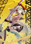  &gt;:) 1girl android axe bangs black_sailor_collar black_skirt breasts grey_hair hair_between_eyes highres holding holding_axe holding_weapon houndstooth joints labrys_(persona) leg_up long_hair neckerchief online_neet persona persona_4 persona_4:_the_ultimate_in_mayonaka_arena pleated_skirt print_skirt red_eyes robot_joints sailor_collar shirt short_sleeves simple_background skirt small_breasts smile solo utility_pole v-shaped_eyebrows weapon white_shirt wind wind_lift yellow_background yellow_neckerchief 
