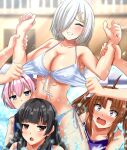  2others 4girls absurdres assisted_exposure bikini bikini_pull blue_eyes blurry blurry_background breasts bullying carrying clenched_teeth clothes_pull commentary_request commission covered_nipples front-tie_bikini_top front-tie_top hair_over_one_eye hamakaze_(kancolle) highres isokaze_(kancolle) kagerou_(kancolle) kantai_collection large_breasts multiple_girls multiple_others pixiv_request pulled_by_another restrained shiranui_(kancolle) short_hair side-tie_bikini_bottom solo_focus splashing swimsuit teeth undressing_another upper_body water white_bikini white_hair zanntetu 