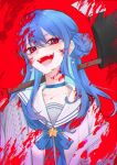  1girl :d alternate_eye_color animal_ears axe bangs blood blood_on_clothes blood_on_face blood_splatter blue_choker blue_hair blush choker collarbone grey_jacket hair_between_eyes hair_bun highres holding holding_axe hololive hoshimachi_suisei jacket long_hair looking_at_viewer open_clothes open_jacket red_background red_eyes saco_(cgmore) sailor_collar simple_background single_side_bun smile solo star_(symbol) star_in_eye sweater symbol_in_eye virtual_youtuber white_sailor_collar 