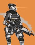  absurdres commentary glowing gun highres holding holding_gun holding_weapon humanoid_robot looking_ahead mymyc orange_background pilot_(titanfall_2) simulacrum_(titanfall) smoke smoking_gun symbol-only_commentary titanfall_(series) titanfall_2 trigger_discipline weapon 