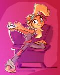  2022 activision anthro barefoot blonde_hair chair clothing coco_bandicoot controller crash_bandicoot_(series) eyewear eyewear_on_head feet female fluttershythekind furniture game_controller goggles goggles_on_head hair hi_res long_hair mammal marsupial solo teeth toes video_games 