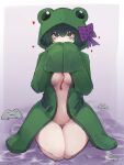  1girl animal_hood black_souls blush bow breasts coat dark_green_hair frog_girl frog_hood frog_princess_(black_souls) green_eyes heart highres hood hooded_coat horizontal_pupils long_tongue looking_at_viewer naked_coat navel purple_bow saliva seiza sitting sleeves_past_fingers sleeves_past_wrists solo tongue water yonaga_san 