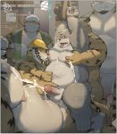  2022 anthro armor balls belly big_belly bodily_fluids bound canid canine construction_worker cum detailed_background ejaculation erection felid genital_fluids genitals group hard_hat headgear helmet hi_res humanoid_genitalia humanoid_hands humanoid_penis inside kemono lactating male male/male male_lactation mammal moobs nipples overweight overweight_male pantherine penis piero03432812 tiger 