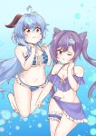  2girls absurdres air_bubble alternate_costume bikini blue_bikini breasts bubble cleavage commission frilled_bikini frills ganyu_(genshin_impact) genshin_impact highres holding_breath keqing_(genshin_impact) medium_breasts multiple_girls puffy_cheeks purple_bikini sinocya_nanami skeb_commission swimsuit underwater 